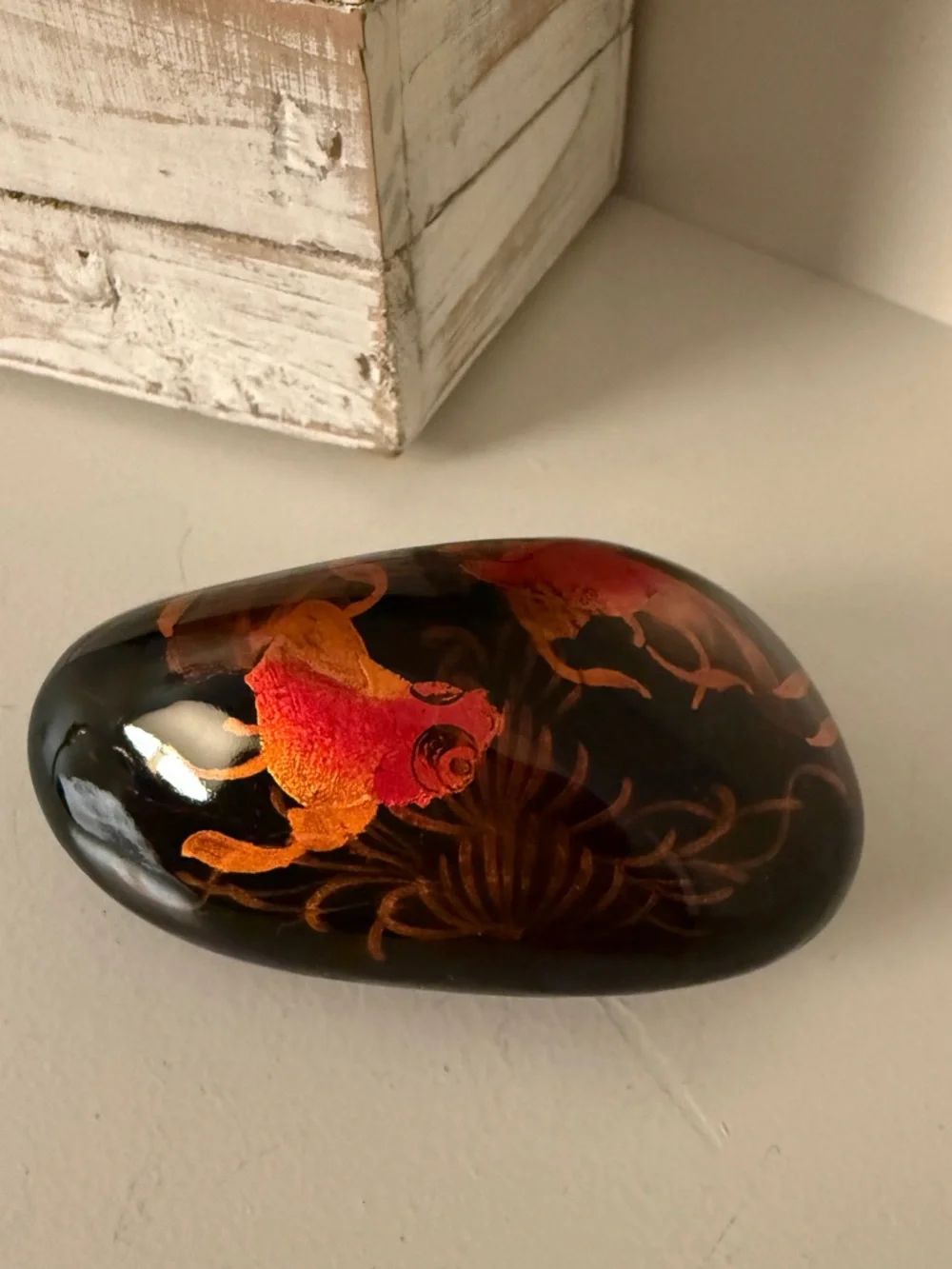 Paperweight Orange Koi on Black Laquered Stone Vietnam Hand Painted Vintage